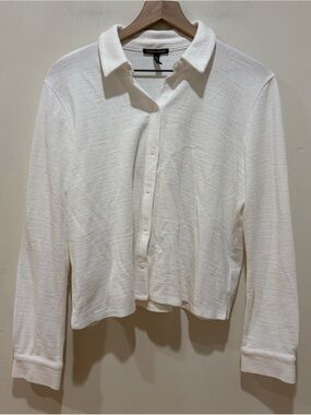 Eileen Fisher Cross Hatch Stretch Jersey Classic Collar White Shirt - Size Small